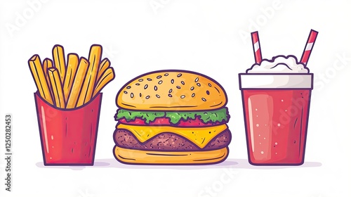 Colorful illustration of a burger with fries and a drink, showcasing a classic fast food meal