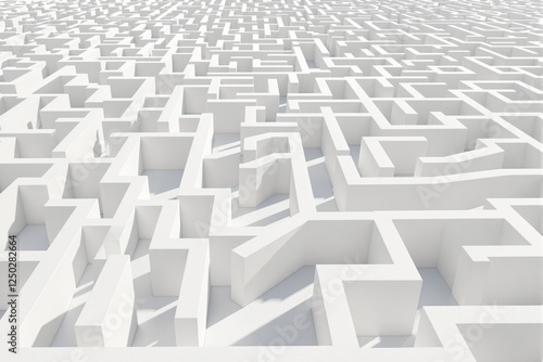 Endless white maze with intricate pathways and high walls, casting soft shadows. Minimalistic style on a bright background. Concept of challenge and confusion. Ai generative