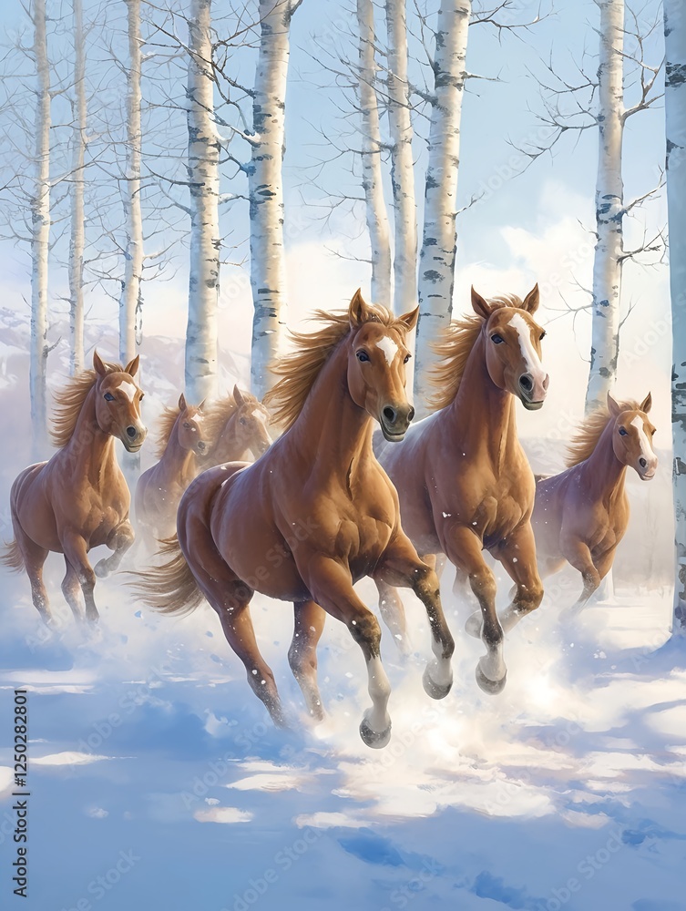 A group of horses through snow surrounded by white trees A group of horses through snow surrounded by white trees