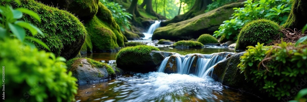 Fototapeta premium Moss and ferns on rocks surrounding small waterfalls, nature, ferns