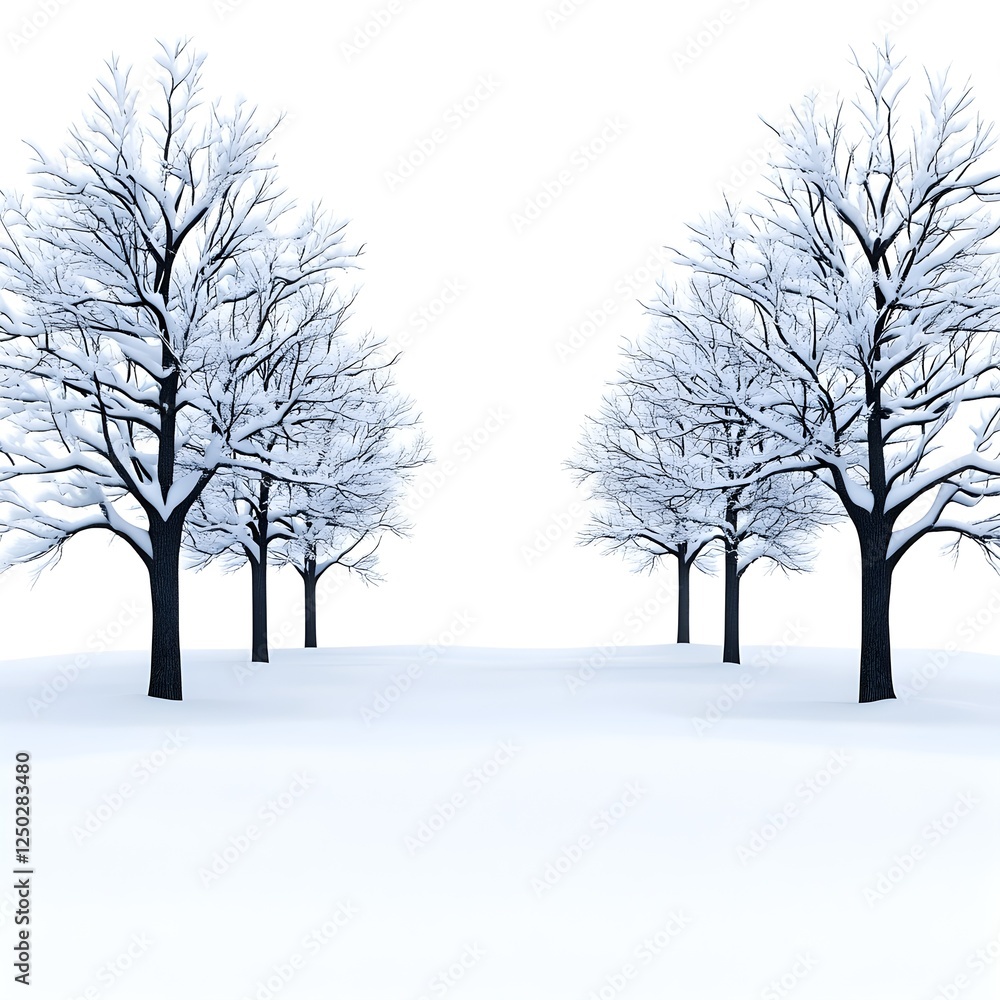Fototapeta premium Serene Winter Landscape with Snow-Covered Trees Against a White Background, Perfect for Seasonal and Nature-Themed Designs