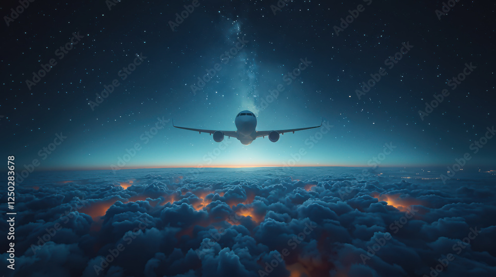 Airplane flying in night sky over the clouds, passenger jet commercial plane in starry night. Airplane flying in night sky over the clouds, passenger jet commercial plane in starry night.