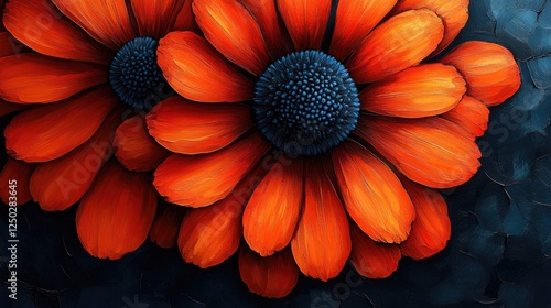 Vibrant orange flowers with deep blue centers against a dark textured background