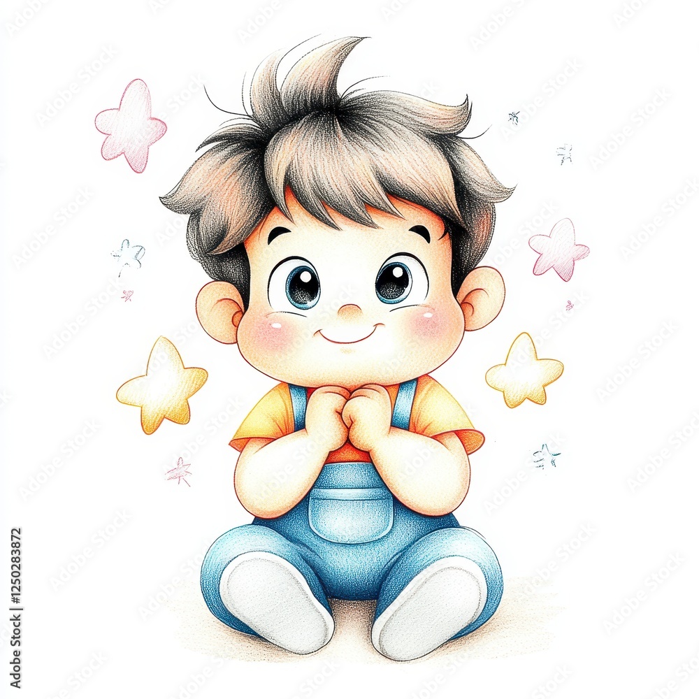 Adorable Smiling Toddler Boy In Denim Overalls Surrounded By Pastel Stars And Flowers Adorable Smiling Toddler Boy In Denim Overalls Surrounded By Pastel Stars And Flowers