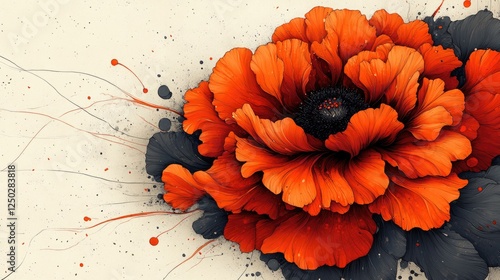 Vibrant orange poppy flower illustration with abstract splashes and artistic details