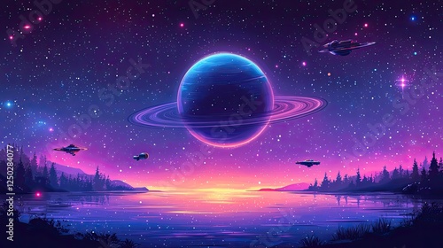 Vibrant cosmic landscape with a large planet and spaceships over a serene lake at sunset