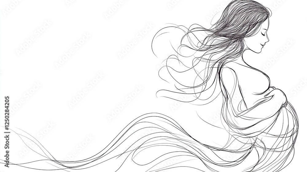 Fototapeta premium Line Art Drawing Sketch of Pregnant Lady: Black and White Continuous Lines Without Shading