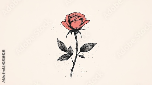 Beautifully illustrated pink rose with detailed leaves on a soft pastel background