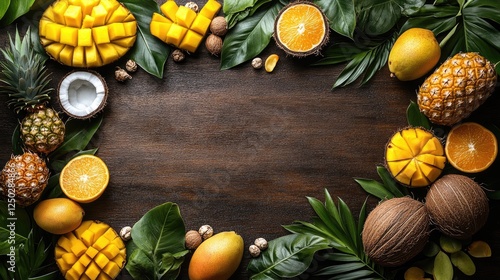 Vibrant arrangement of tropical fruits including mangoes, pineapples, and oranges on a wooden table