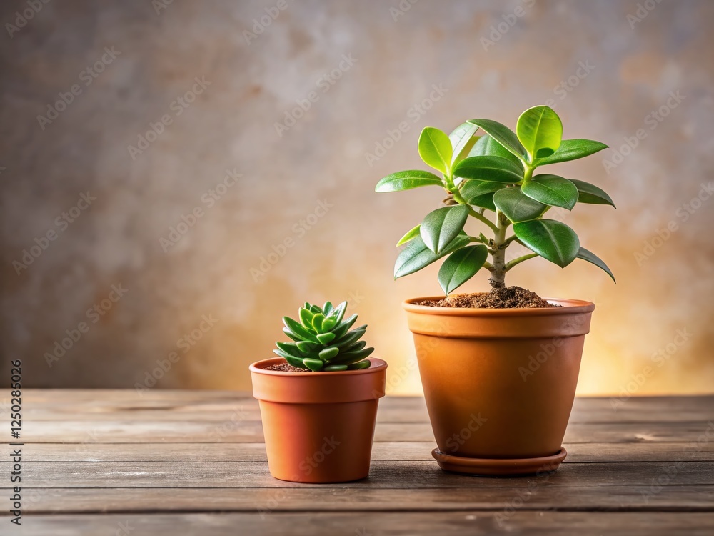Fototapeta premium Small potted plant with brown base, copy space, left-aligned - stock photo