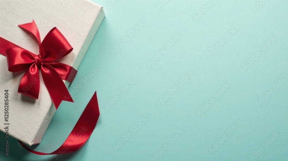 A pristine white gift box adorned with a vibrant crimson ribbon, a symbol of heartfelt celebration and joyous gifting, rests on a serene aqua background A pristine white gift box adorned with a vibrant crimson ribbon, a symbol of heartfelt celebration and joyous gifting, rests on a serene aqua background