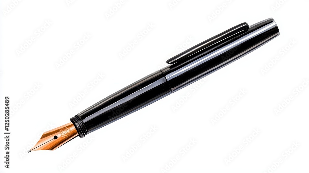 Black Fountain Pen with Gold Nib on White Background Black Fountain Pen with Gold Nib on White Background