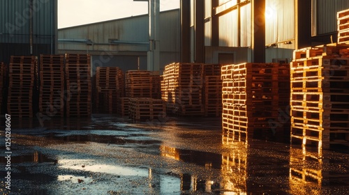 Wallpaper Mural Stacked wooden pallets are centrally featured in a warehouse yard. Torontodigital.ca