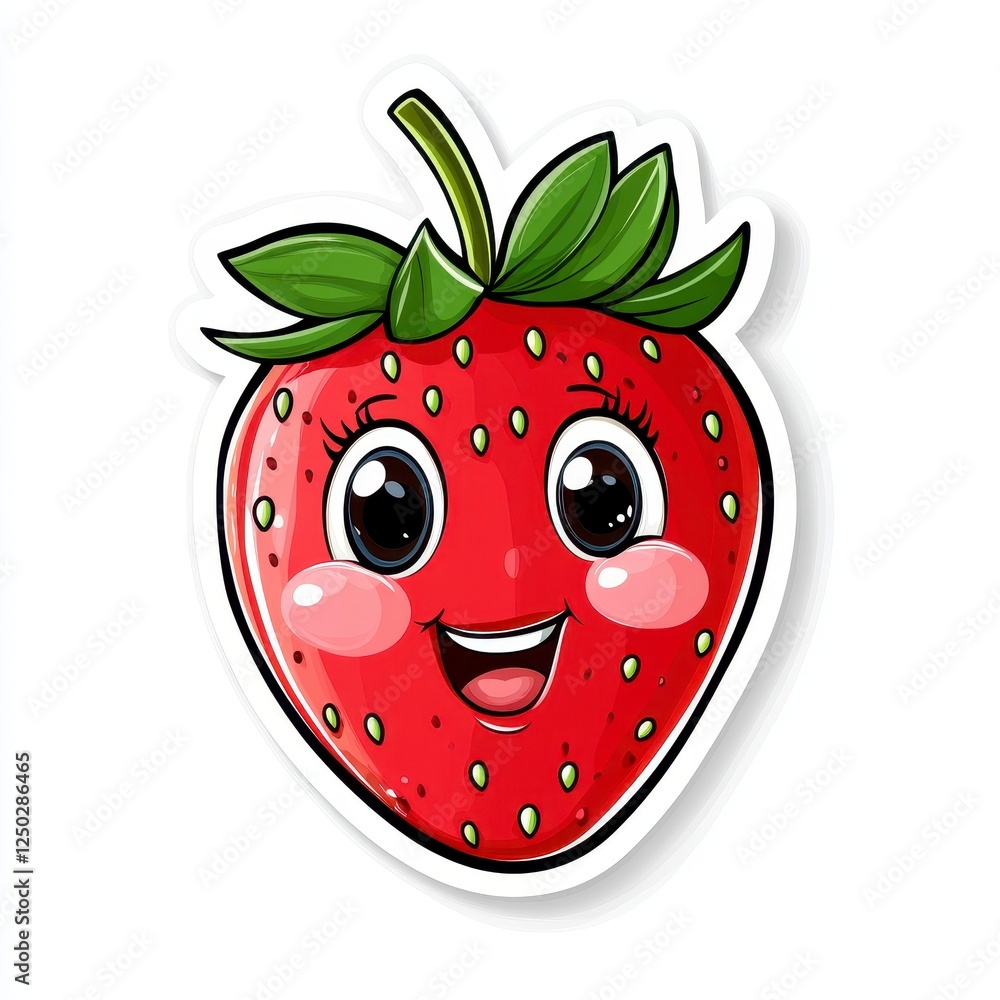 Obraz premium Cute Cartoon Strawberry Character with Smiling Face and Green Leaves