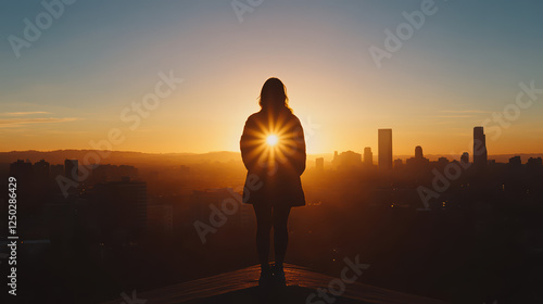 Woman silhouetted against a sunrise over the city.