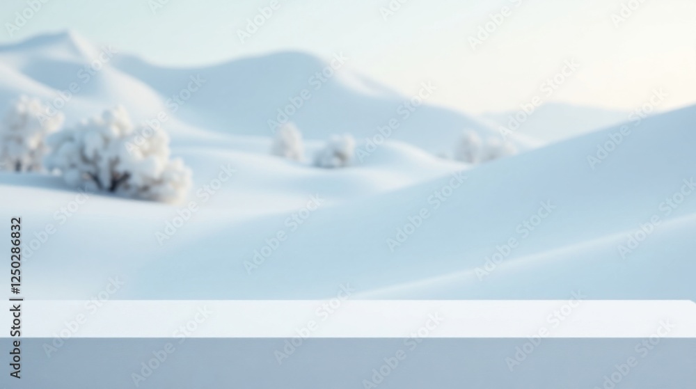 Empty winter display shelf against a softly blurred snowy landscape background ideal for product placement and showcasing merchandise Empty winter display shelf against a softly blurred snowy landscape background ideal for product placement and showcasing merchandise