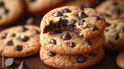 Freshly baked chocolate chip cookies stacked on a wooden table with a bite taken out, inviting and warm