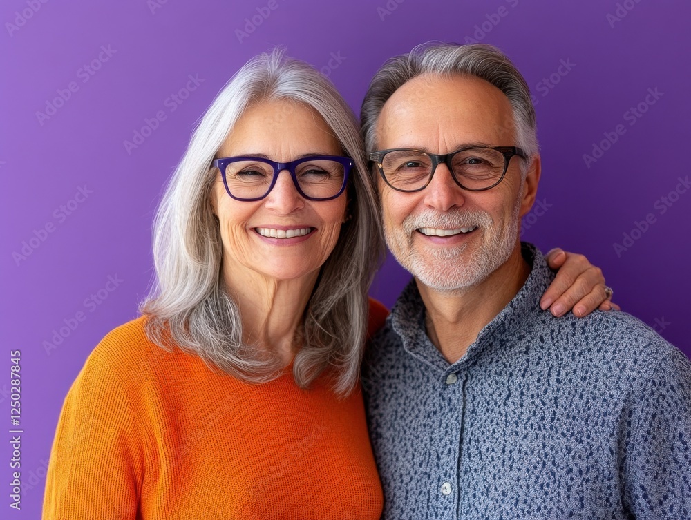 Smiling mature caucasian couple in glasses embracing against purple background Smiling mature caucasian couple in glasses embracing against purple background