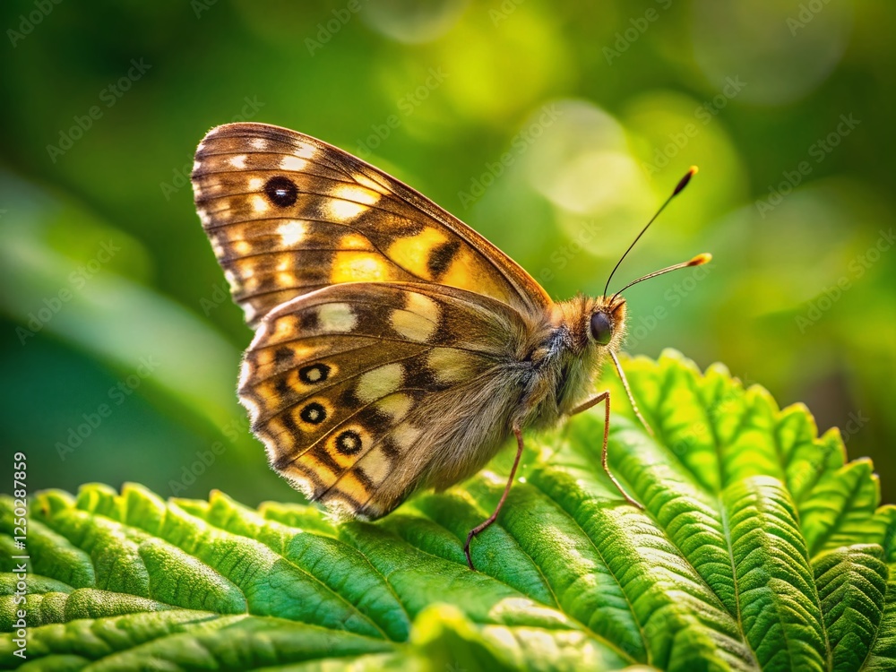 Fototapeta premium Speckled Wood Butterfly on Leaf in Summer Sunlight - High-Resolution Stock Photo