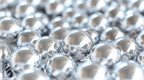 Close-up of shiny metallic spheres arranged in a seamless pattern, reflecting light