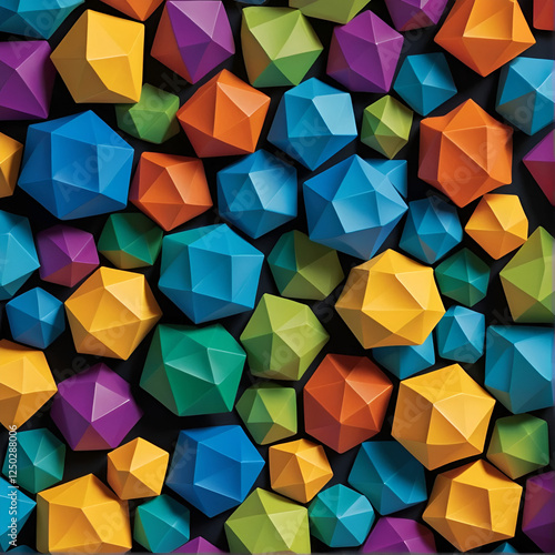 The texture consists of a cluster of colored trihedral shapes resembling atomic or molecular structures. photo