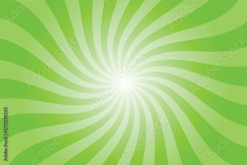 Green background with white sun ray. Pattern of starburst. Abstract neon green texture with light of sunburst. Radial beam of sunlight. Retro background with flash. Design of sunbeams.