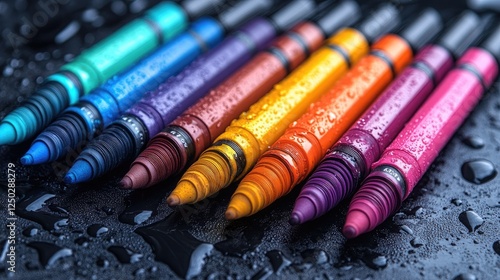 Wallpaper Mural Vibrant crayon colors arranged in a row on a wet surface, highlighting artistic potential Torontodigital.ca