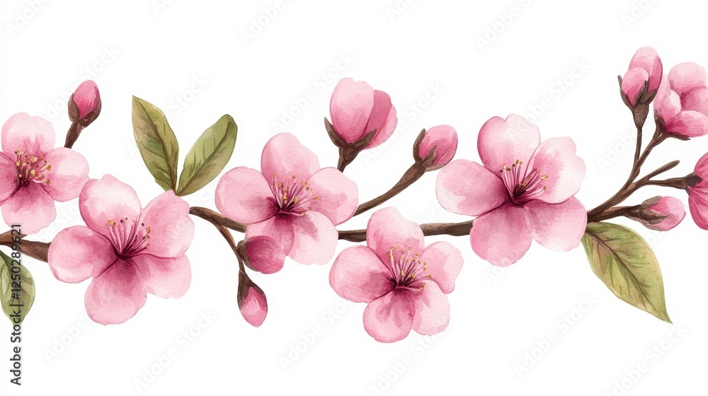 Obraz premium Delicate Pink Cherry Blossom Branch Watercolor Painting