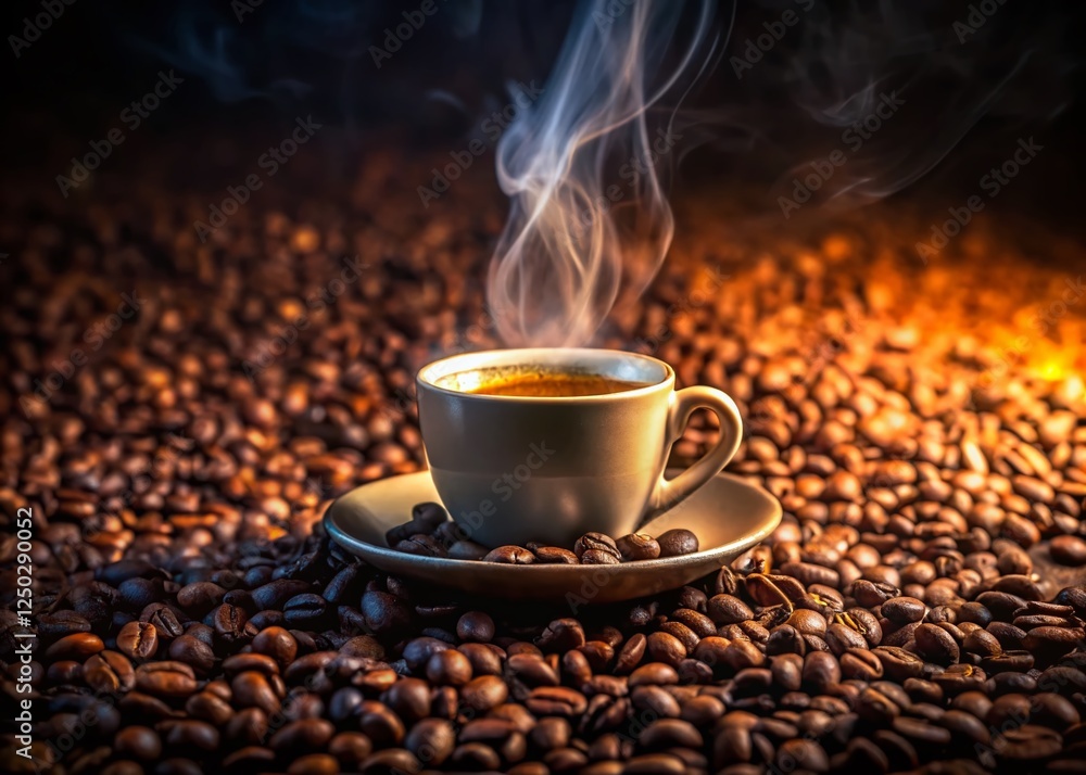 Steaming Espresso Cup: Rich Aroma & Coffee Bean Concept Steaming Espresso Cup: Rich Aroma & Coffee Bean Concept