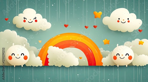 Wallpaper Mural Whimsical illustration of clouds, a rainbow, and floating hearts in a joyful, colorful sky scene Torontodigital.ca