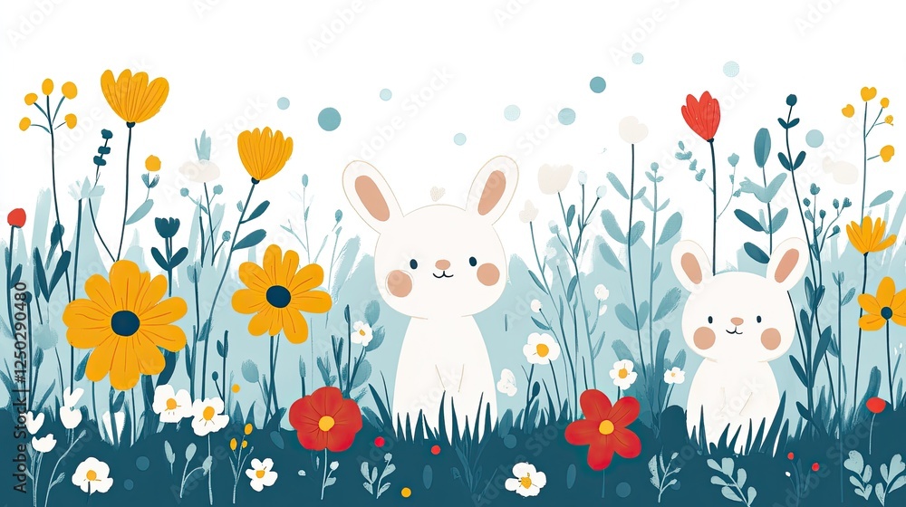 Two cute rabbits surrounded by vibrant flowers in a whimsical garden setting Two cute rabbits surrounded by vibrant flowers in a whimsical garden setting