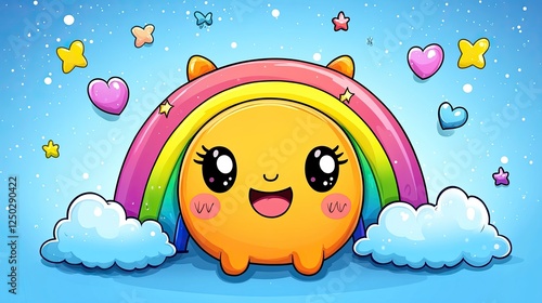 Wallpaper Mural Cute cartoon character with a rainbow and hearts, set against a bright blue sky background Torontodigital.ca