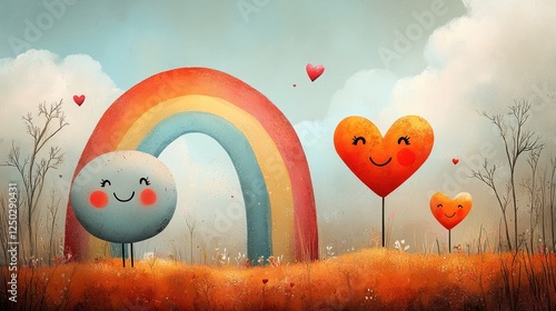 Wallpaper Mural Whimsical landscape featuring a smiling moon, colorful rainbow, and cheerful heart characters amidst flowers Torontodigital.ca