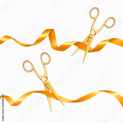 Realistic Gold Silk Ribbon Set with gold and silver scissors on white background