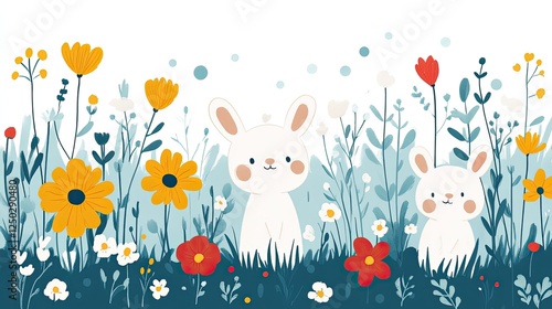 Wallpaper Mural Two cute rabbits surrounded by vibrant flowers in a whimsical garden setting Torontodigital.ca