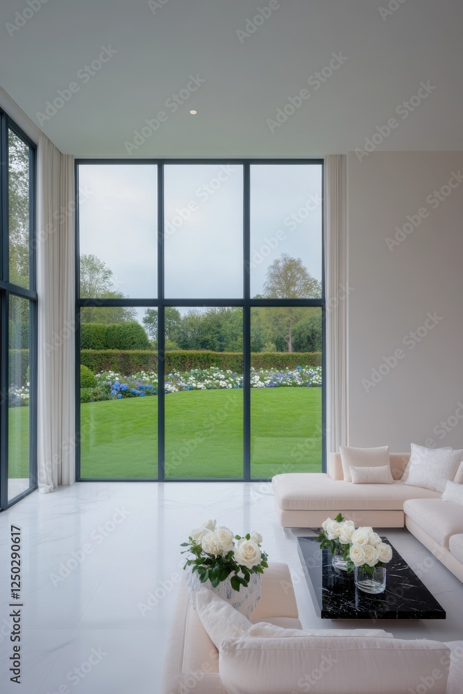 Fototapeta premium Modern minimalist living room with large windows and garden view