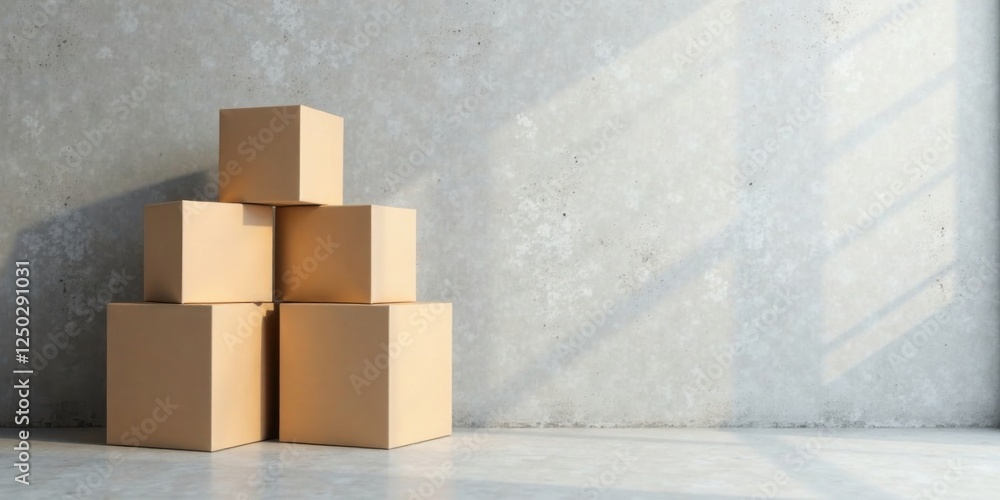 Sunlit Cardboard Boxes Stacked Against a Concrete Wall in an Empty Room Sunlit Cardboard Boxes Stacked Against a Concrete Wall in an Empty Room