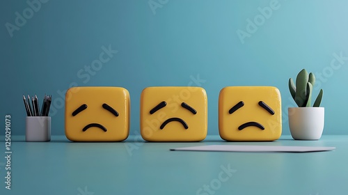 Sad emojis on desk, office setting, frustration, low morale