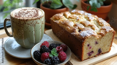 Delicious homemade cake with fresh berries and a frothy beverage on a wooden table near plants