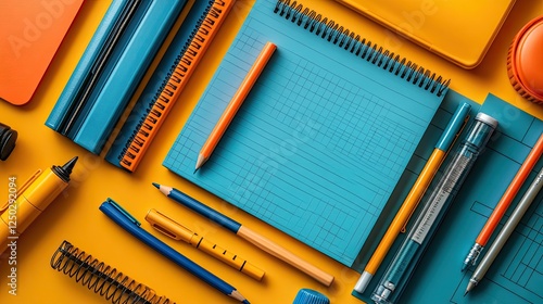 Vibrant stationery layout featuring colorful notebooks, pens, and office supplies on a bright background