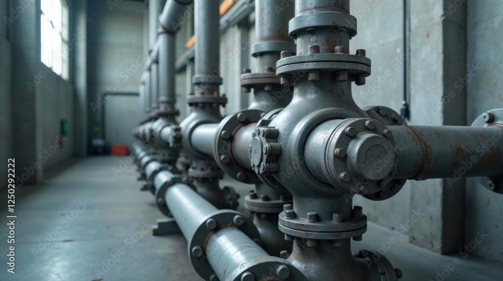 Industrial Piping System Complex Network of Metal Pipes and Valves in a Modern Facility Industrial Piping System Complex Network of Metal Pipes and Valves in a Modern Facility