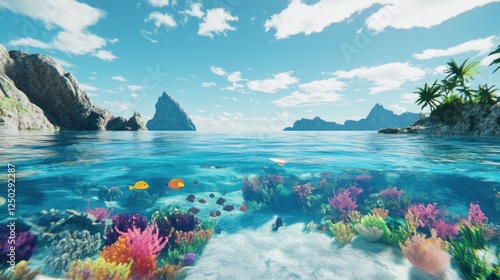 Vibrant Coral Reef Ecosystem Beneath Azure Ocean Surface with Tropical Island
