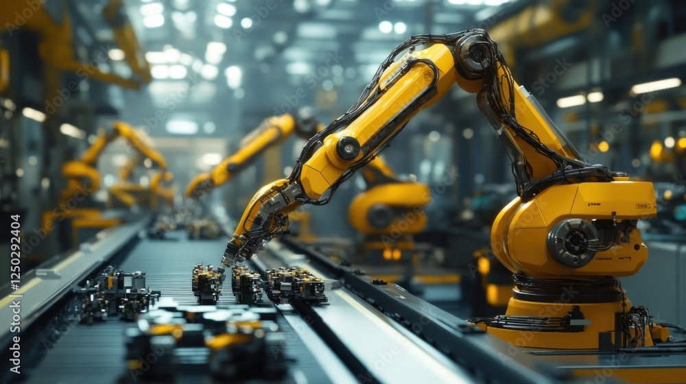 Industrial scene with robotic arms assembling products on a conveyor belt. Industrial scene with robotic arms assembling products on a conveyor belt.