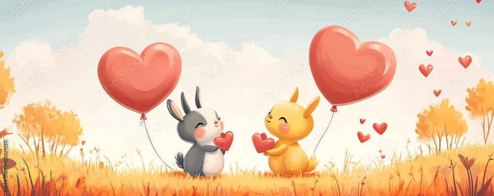 Obraz premium Cute rabbits holding heart balloons in a colorful, whimsical landscape.