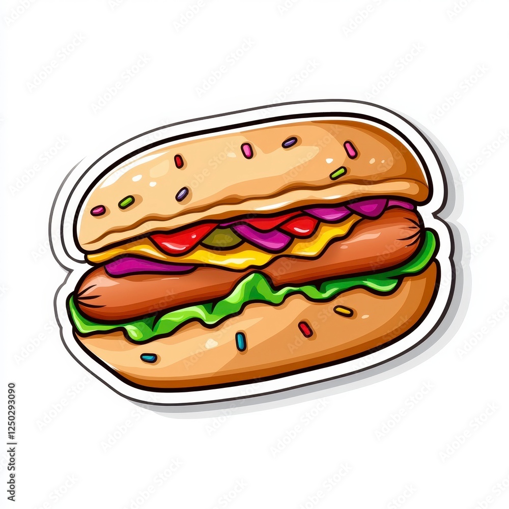 Colorful Cartoon Hot Dog with Toppings and Fun Design Elements Colorful Cartoon Hot Dog with Toppings and Fun Design Elements