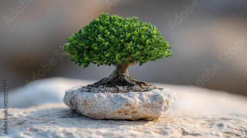 Miniature evergreen bonsai tree cradled within a hand hewn stone planter on a rock surface photo