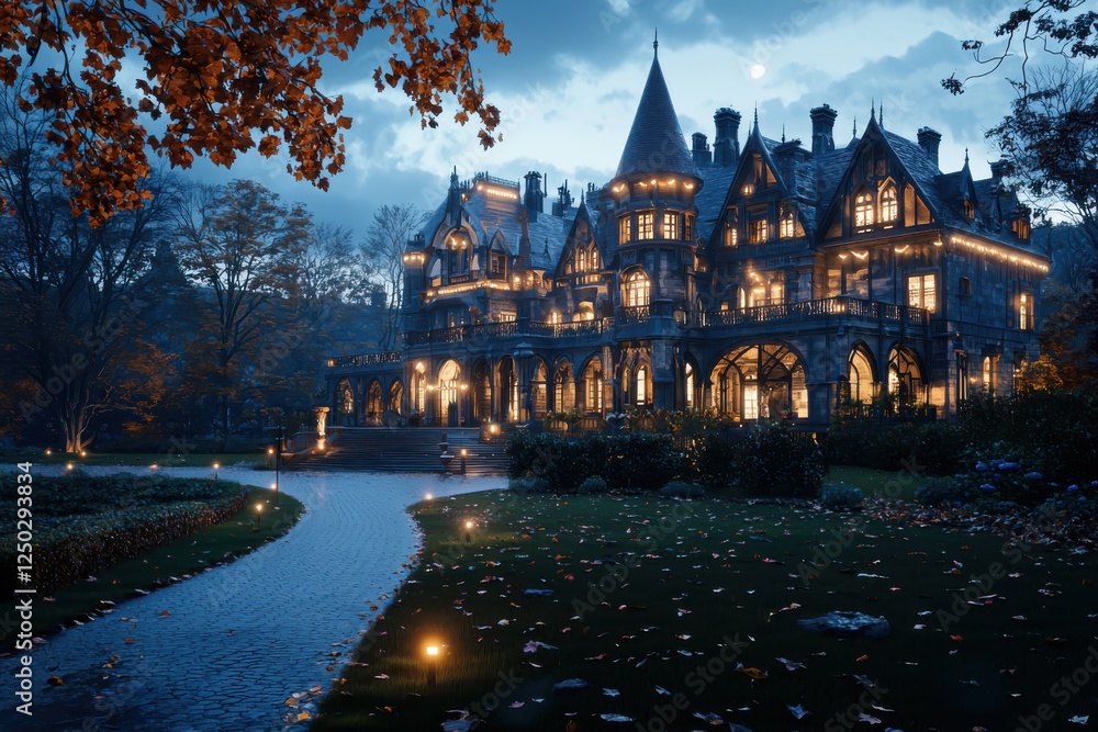 Naklejka premium Approaching the enigmatic mansion twilight encounter photography eerie shadows captivating scene