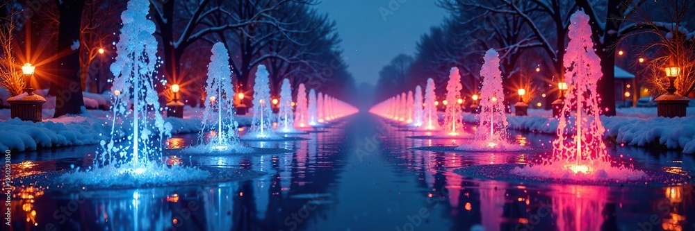 Fountains and lights create a festive atmosphere, Illuminated, Snowflakes Fountains and lights create a festive atmosphere, Illuminated, Snowflakes