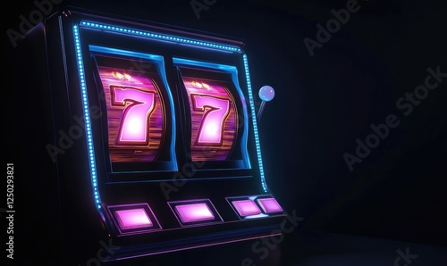 A 3D rendering of a slot machine with glowing neon lights in vibrant pink and purple.