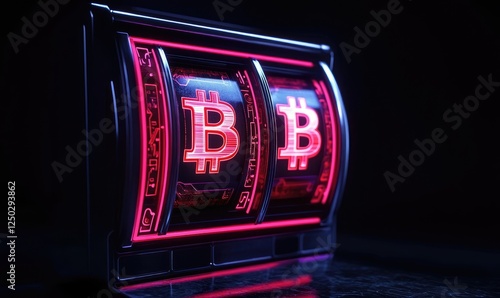 A 3D rendering of a slot machine with glowing neon lights in vibrant pink and purple.